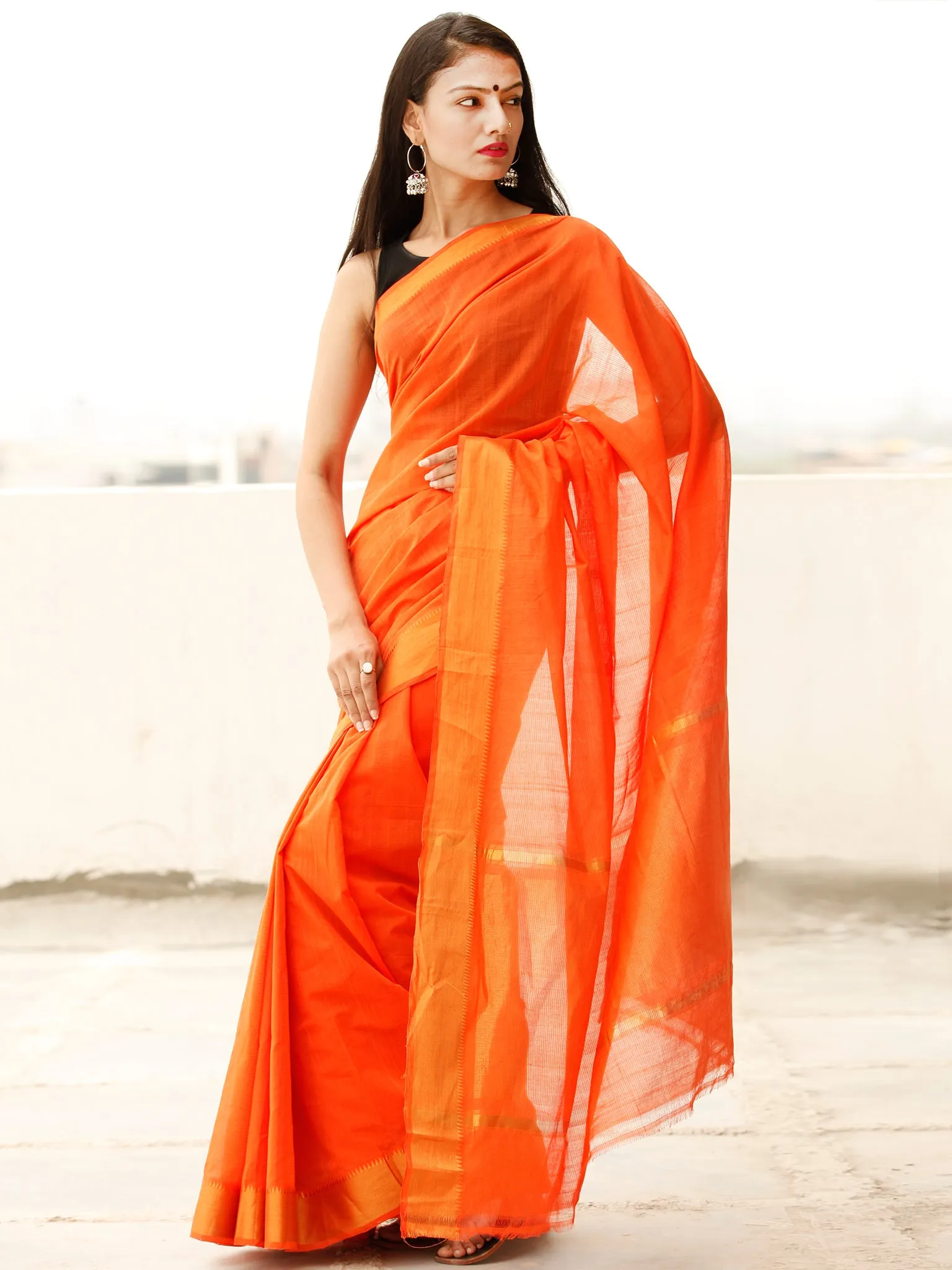 Orange Handloom Mangalagiri Cotton Saree With Zari Border - S031703853