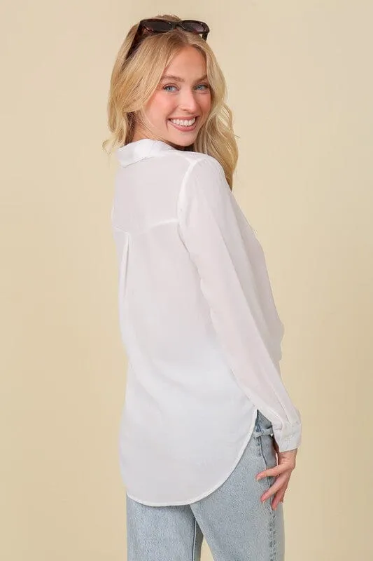 OVERSIZED LONG SLEEVE BUTTON DOWN CHIFFON BLOUSE