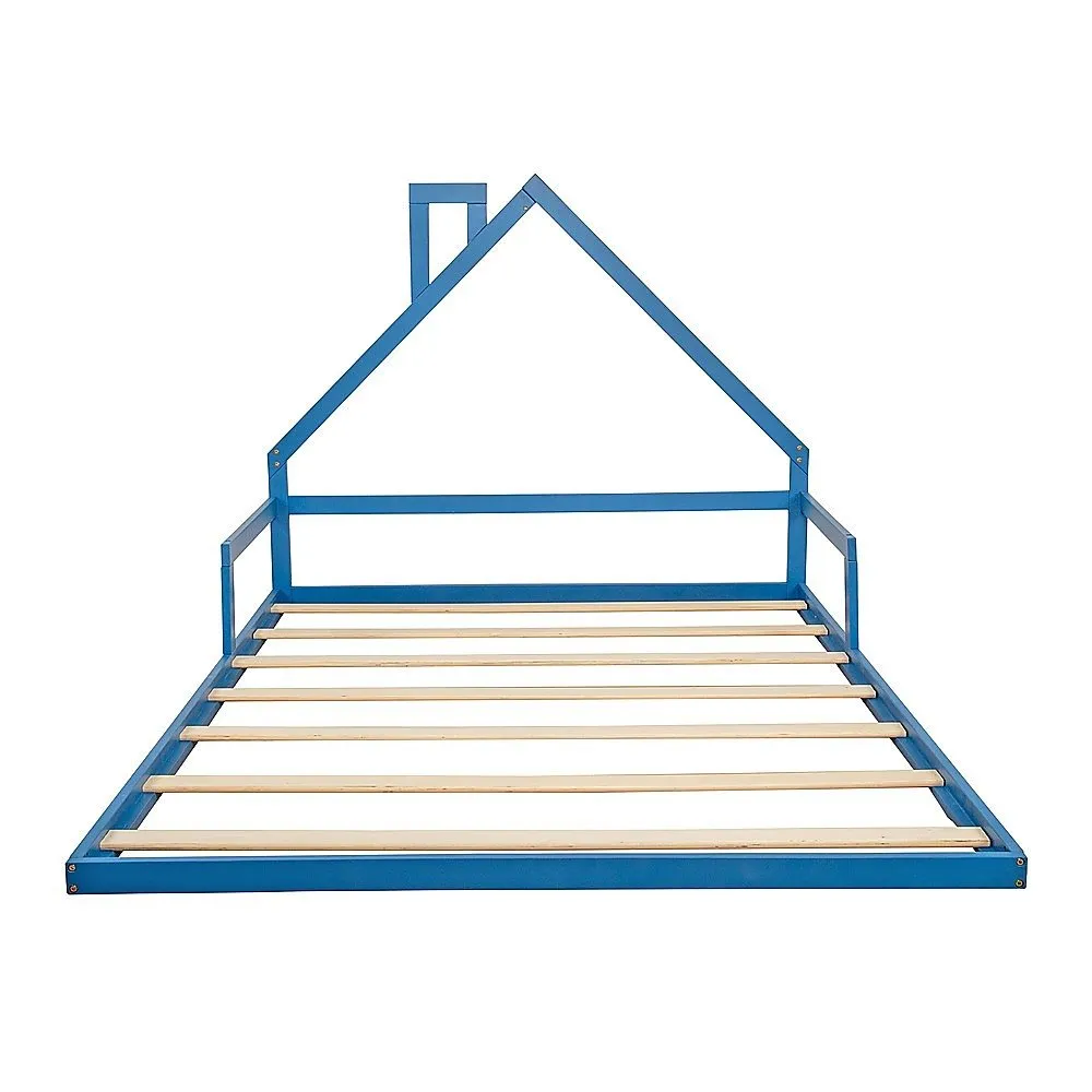 Pine Wood House Shaped Double Floor Bed Blue