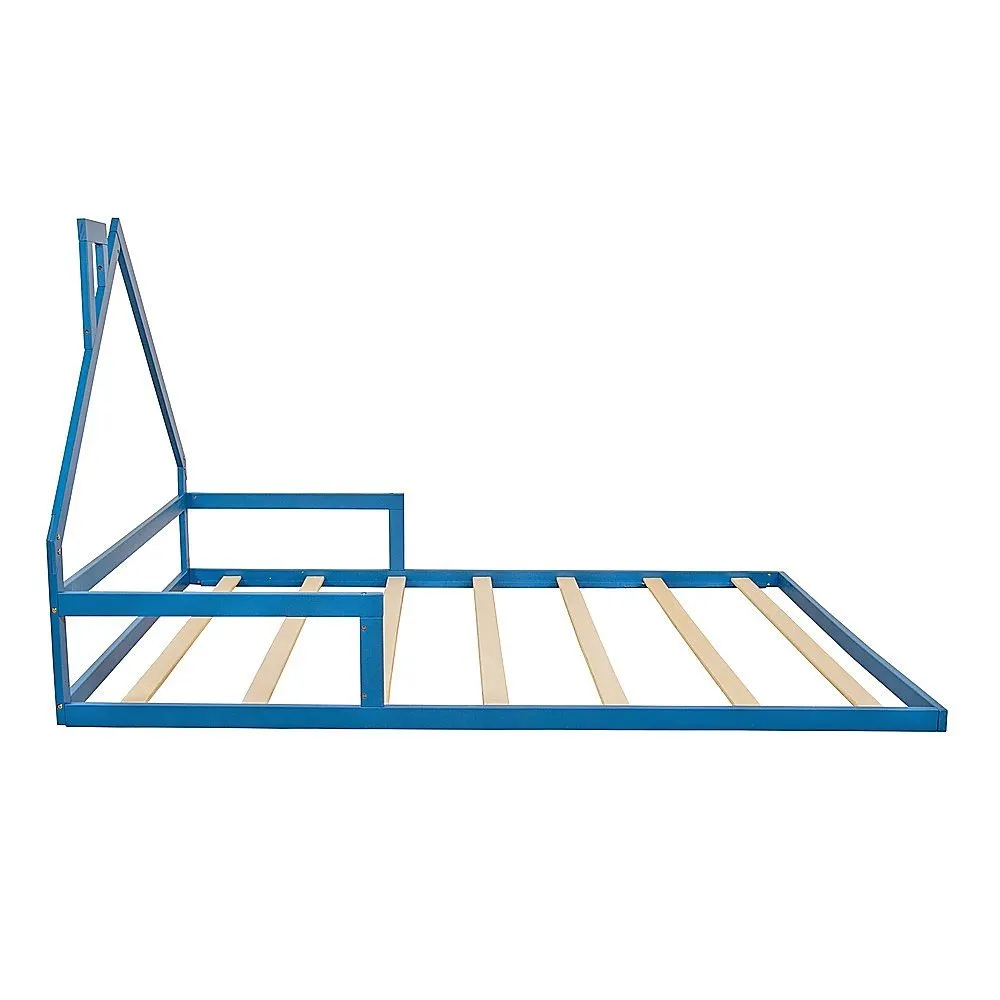 Pine Wood House Shaped Double Floor Bed Blue