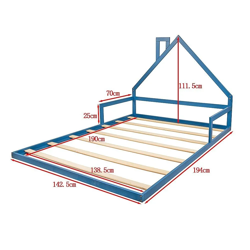 Pine Wood House Shaped Double Floor Bed Blue