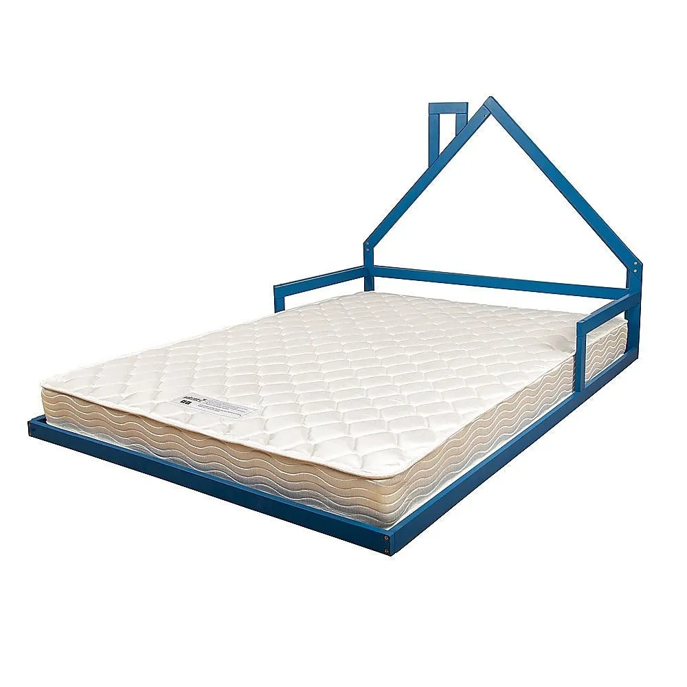 Pine Wood House Shaped Double Floor Bed Blue