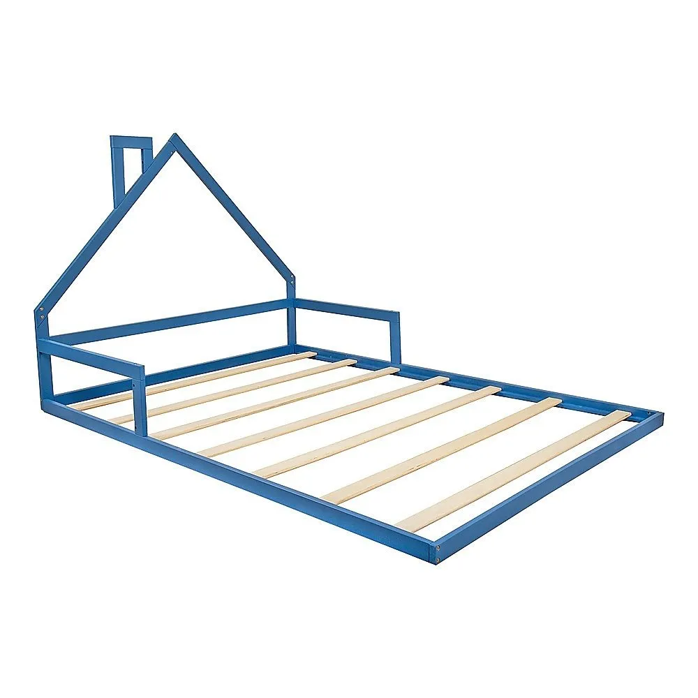 Pine Wood House Shaped Double Floor Bed Blue