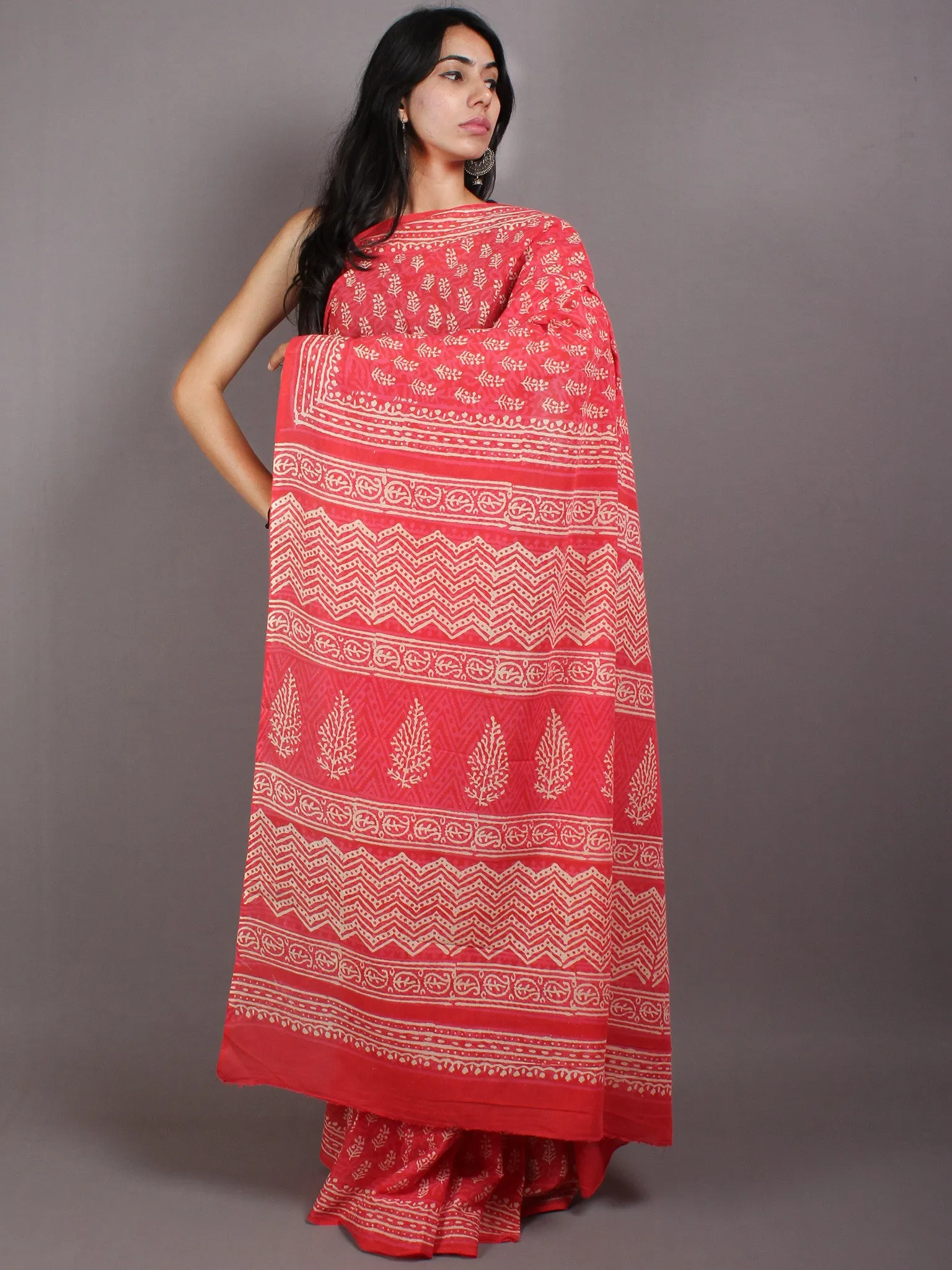 Pink Beige Hand Block Printed Cotton Saree in Natural Colors - S03170576