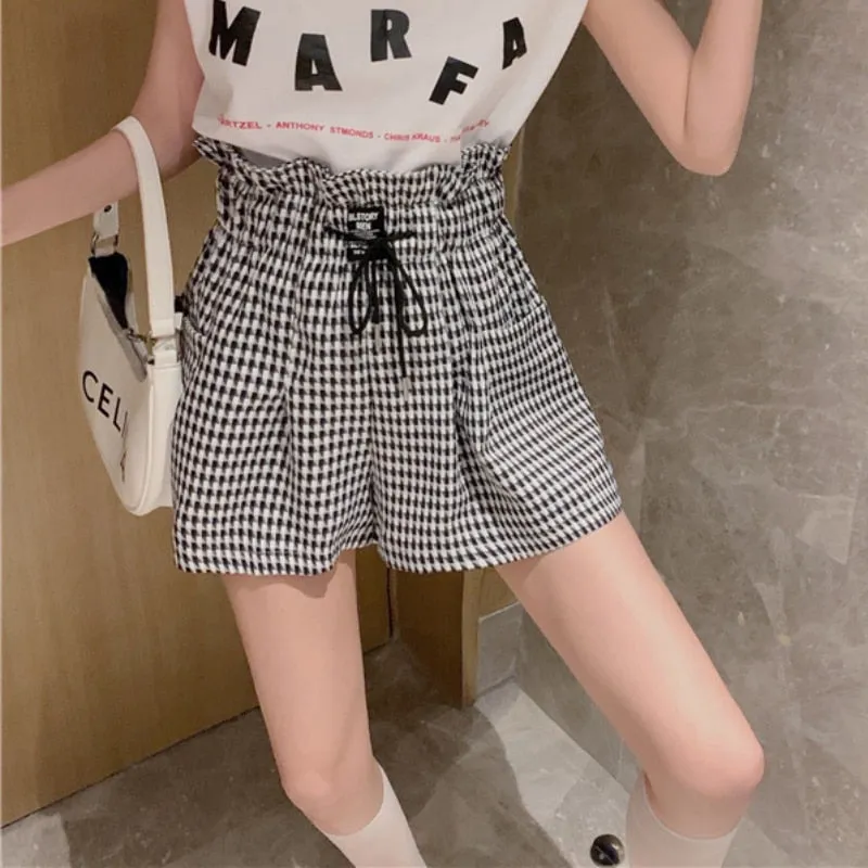Plaid Women Wide Leg Shorts Cotton Summer High Waist Korean Loose Pocket Shorts Black Fashion  Lace Up Shorts