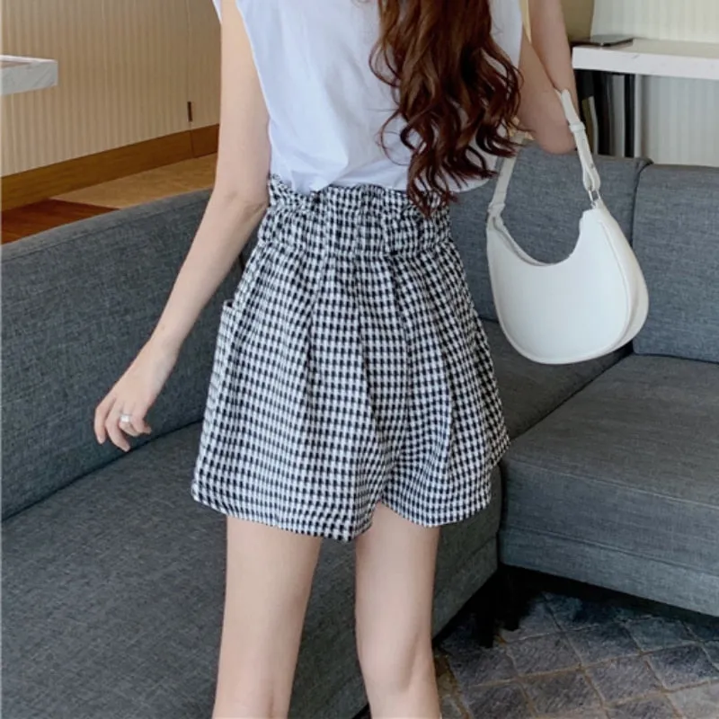 Plaid Women Wide Leg Shorts Cotton Summer High Waist Korean Loose Pocket Shorts Black Fashion  Lace Up Shorts