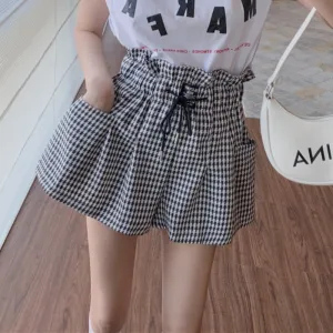 Plaid Women Wide Leg Shorts Cotton Summer High Waist Korean Loose Pocket Shorts Black Fashion  Lace Up Shorts