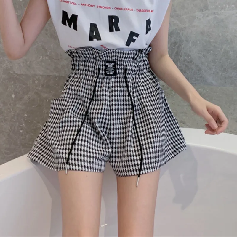 Plaid Women Wide Leg Shorts Cotton Summer High Waist Korean Loose Pocket Shorts Black Fashion  Lace Up Shorts