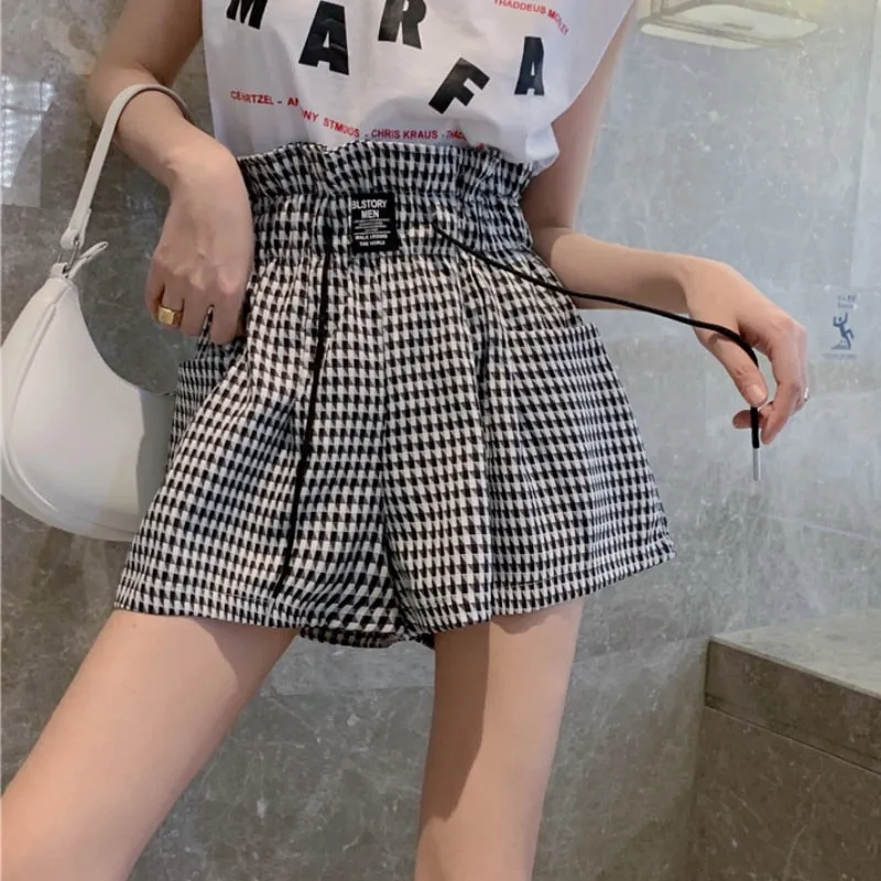 Plaid Women Wide Leg Shorts Cotton Summer High Waist Korean Loose Pocket Shorts Black Fashion  Lace Up Shorts