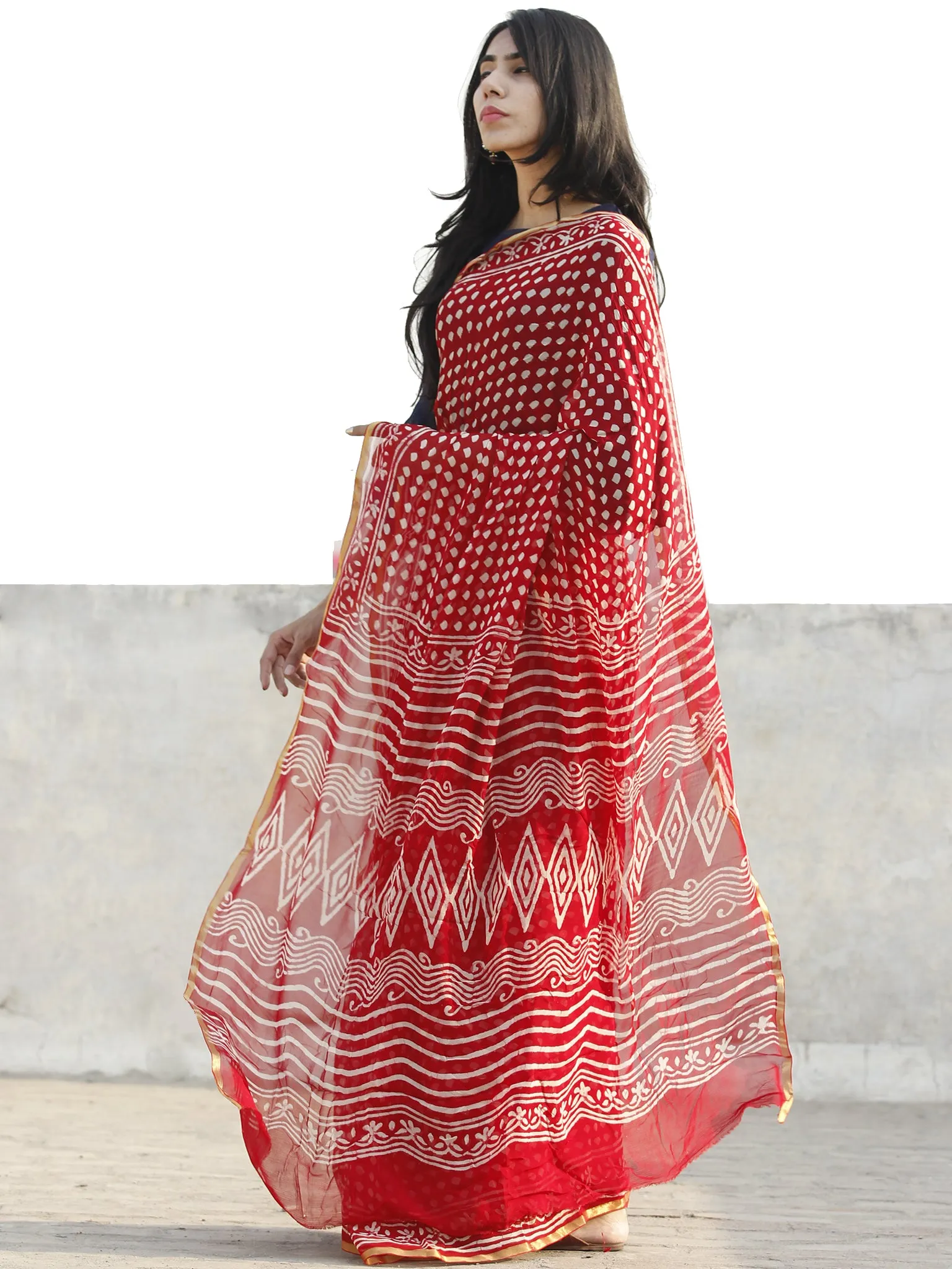 Red and White  Hand Block Printed Chiffon Saree with Zari border- S031702699