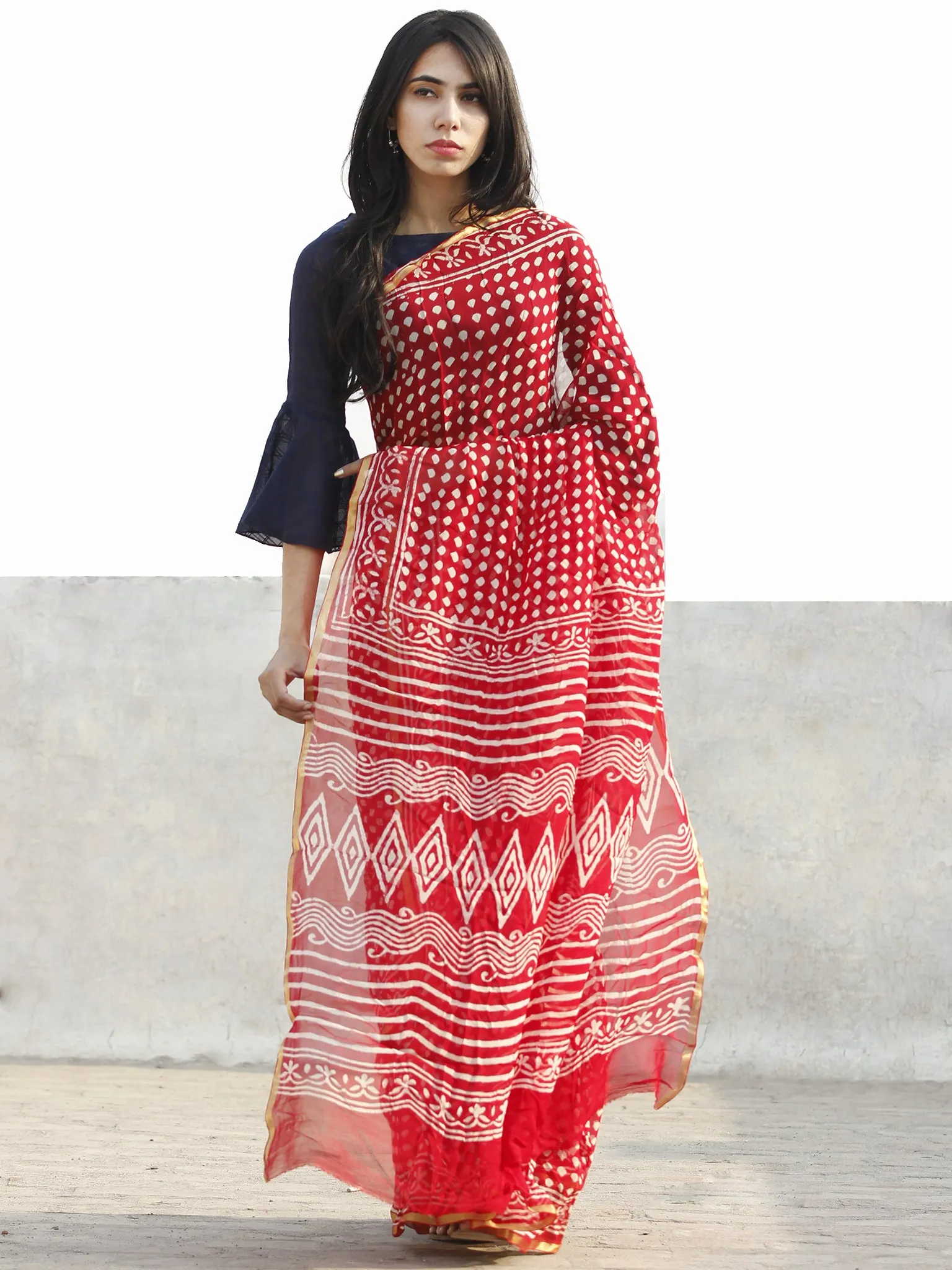 Red and White  Hand Block Printed Chiffon Saree with Zari border- S031702699