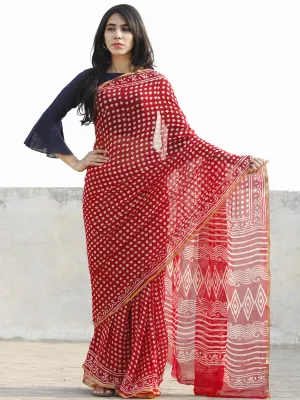 Red and White  Hand Block Printed Chiffon Saree with Zari border- S031702699