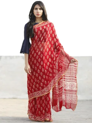 Red and White  Hand Block Printed Chiffon Saree with Zari border- S031702708