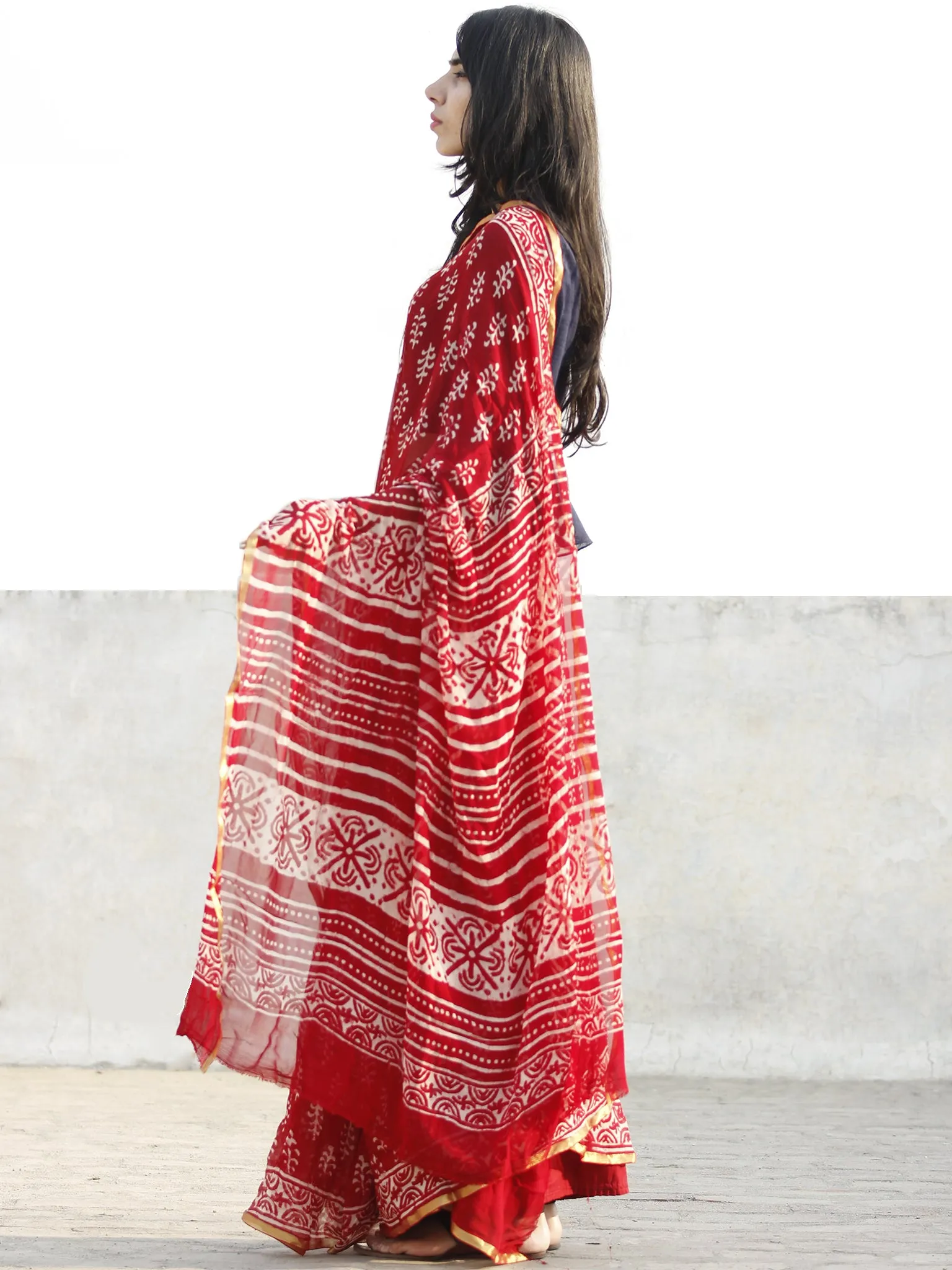 Red and White  Hand Block Printed Chiffon Saree with Zari border- S031702708