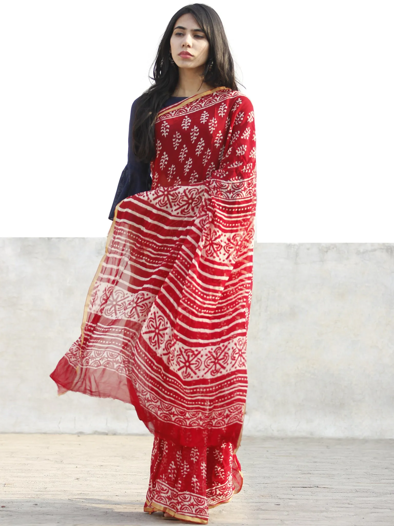 Red and White  Hand Block Printed Chiffon Saree with Zari border- S031702708