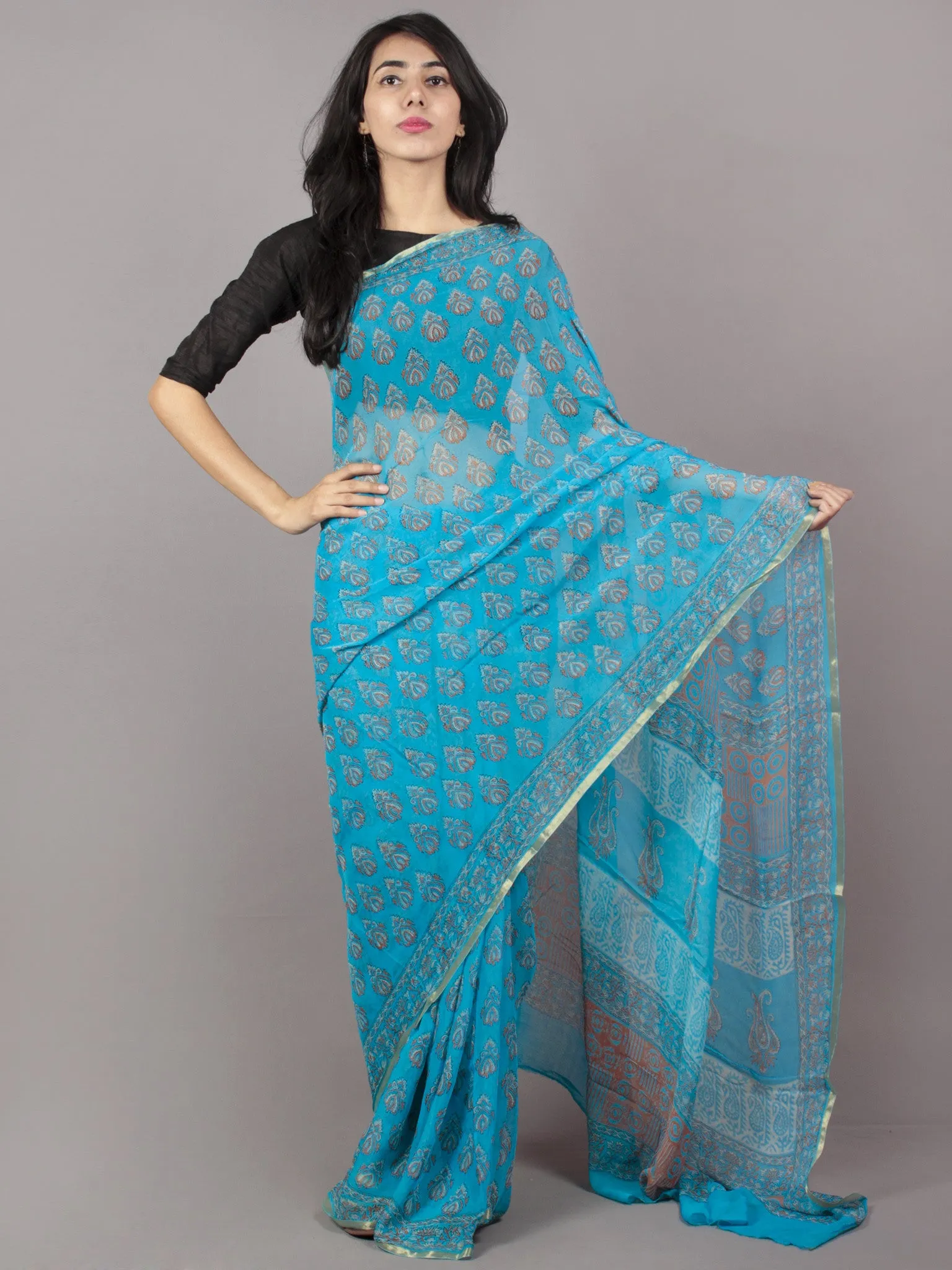 Sky Blue Ivory Hand Block Printed Chiffon Saree - S031701692