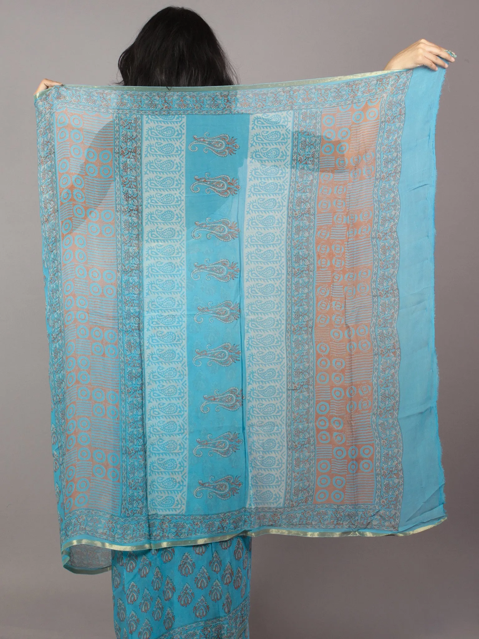 Sky Blue Ivory Hand Block Printed Chiffon Saree - S031701692