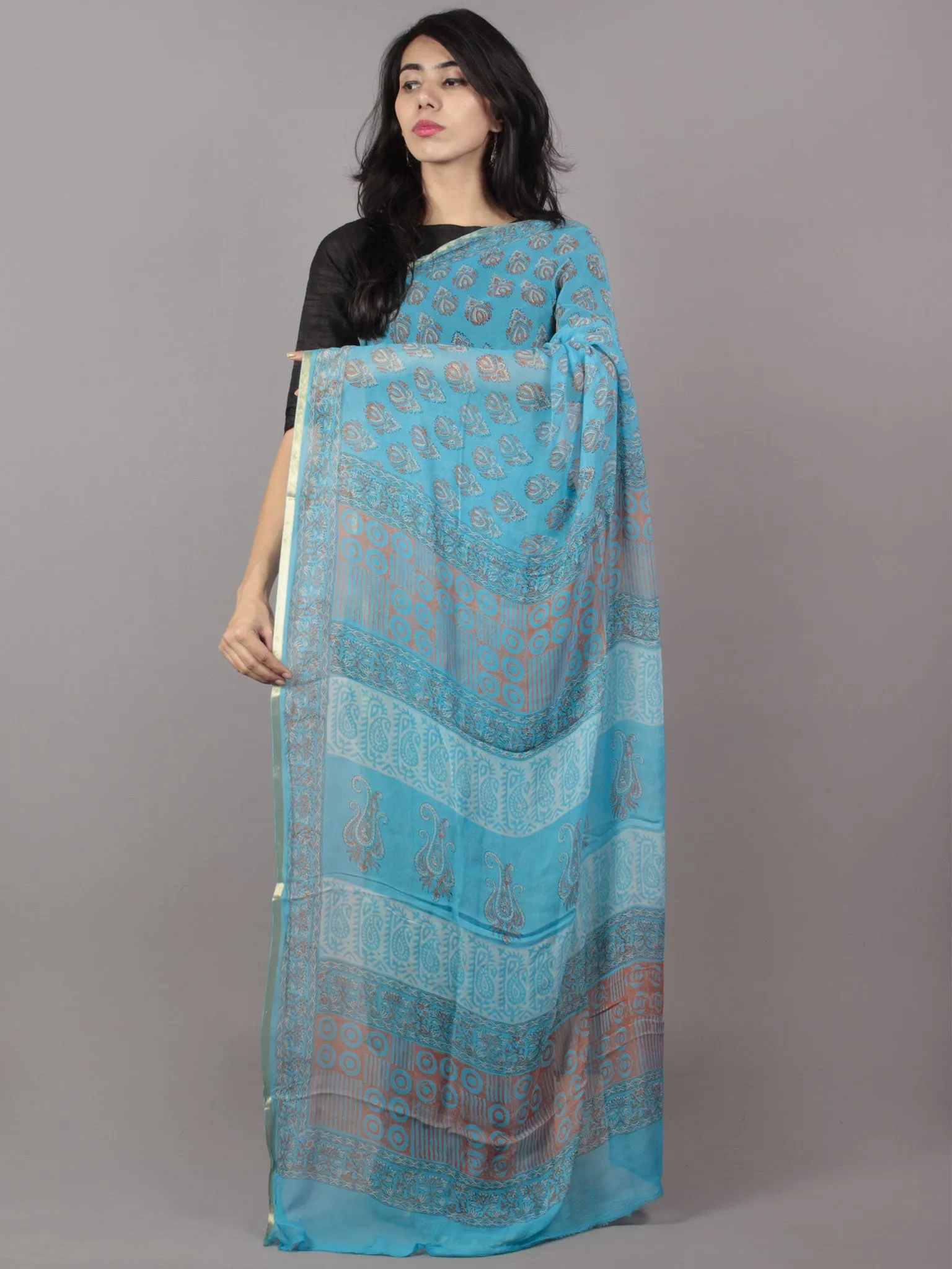 Sky Blue Ivory Hand Block Printed Chiffon Saree - S031701692