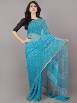 Sky Blue Ivory Hand Block Printed Chiffon Saree - S031701692