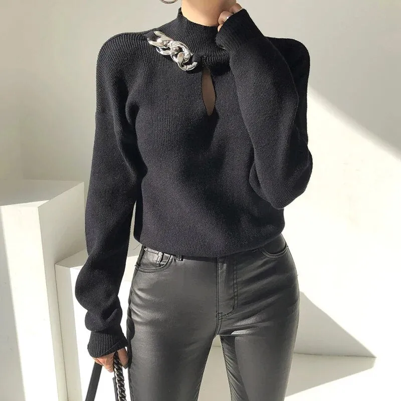 Slim Knitting Sweaters For Women Turtleneck Long Sleeve Hollow Out Patchwork Chain Pullover Sweater Female Autumn