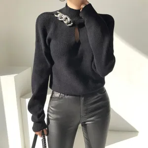 Slim Knitting Sweaters For Women Turtleneck Long Sleeve Hollow Out Patchwork Chain Pullover Sweater Female Autumn