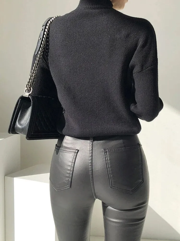 Slim Knitting Sweaters For Women Turtleneck Long Sleeve Hollow Out Patchwork Chain Pullover Sweater Female Autumn