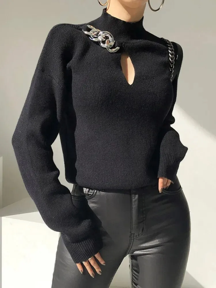 Slim Knitting Sweaters For Women Turtleneck Long Sleeve Hollow Out Patchwork Chain Pullover Sweater Female Autumn