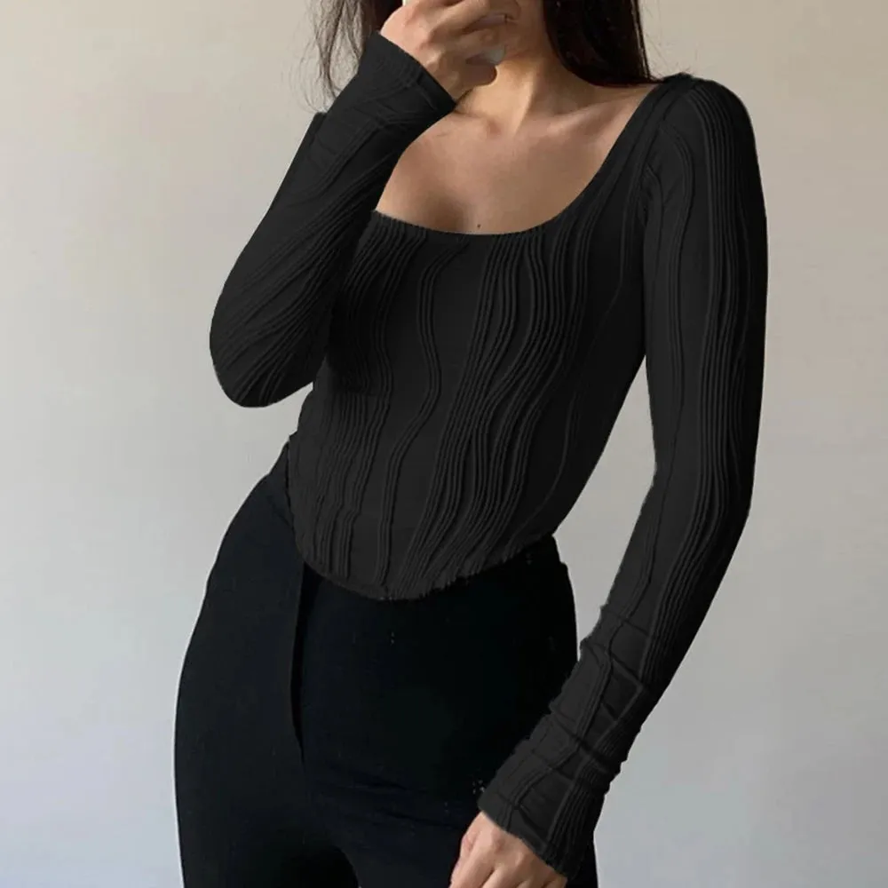 Slimming Solid Casual T Shirt For Women Sqaure Collar Long Sleeve Irregular Hem Minimalist T Shirts Female Fashion Clothing