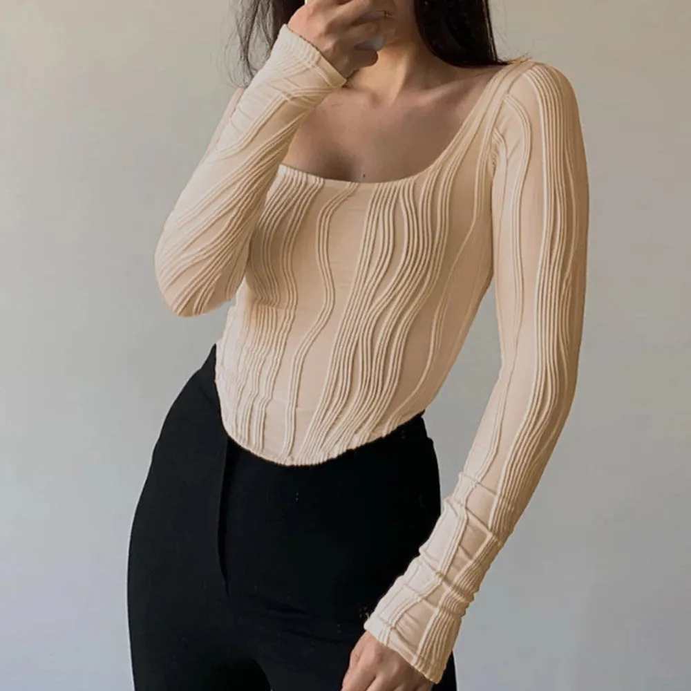 Slimming Solid Casual T Shirt For Women Sqaure Collar Long Sleeve Irregular Hem Minimalist T Shirts Female Fashion Clothing