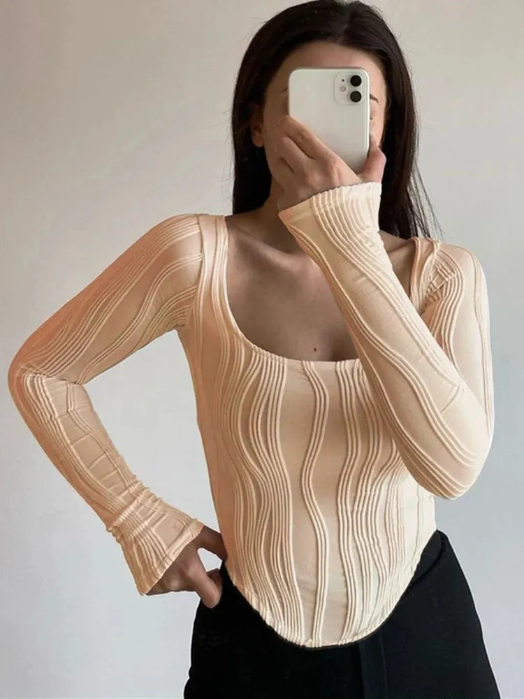 Slimming Solid Casual T Shirt For Women Sqaure Collar Long Sleeve Irregular Hem Minimalist T Shirts Female Fashion Clothing