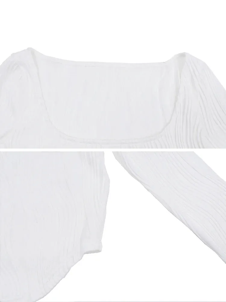 Slimming Solid Casual T Shirt For Women Sqaure Collar Long Sleeve Irregular Hem Minimalist T Shirts Female Fashion Clothing