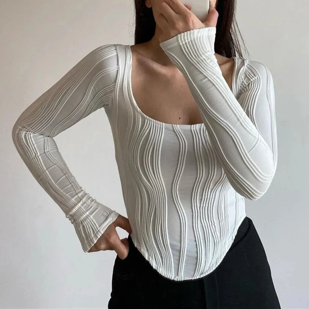 Slimming Solid Casual T Shirt For Women Sqaure Collar Long Sleeve Irregular Hem Minimalist T Shirts Female Fashion Clothing
