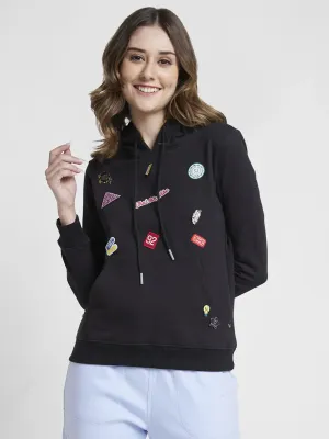 Spykar Women Black Blended Regular Fit Hooded Plain Sweatshirt
