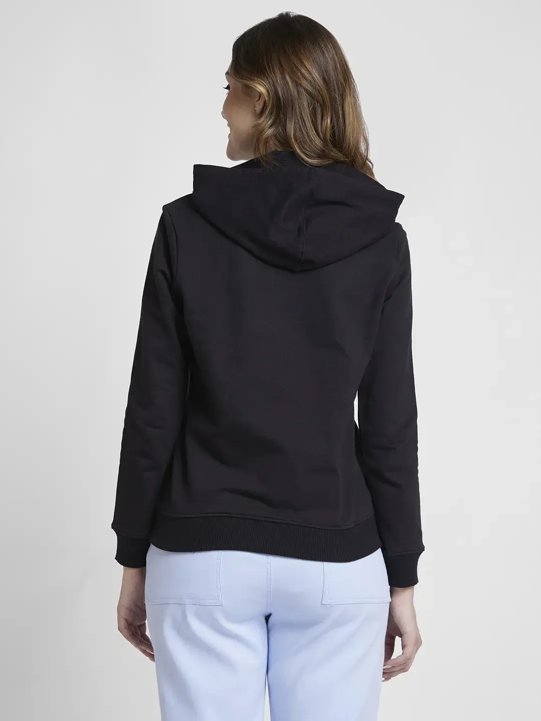 Spykar Women Black Blended Regular Fit Hooded Plain Sweatshirt