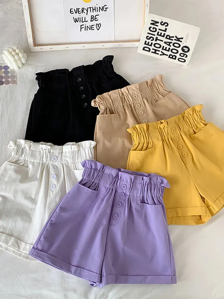 Summer Elegant High Waist Shorts Women Casual Solid Wide Leg Loose Cotton Short Pants With Belt Korean Sweet Girls