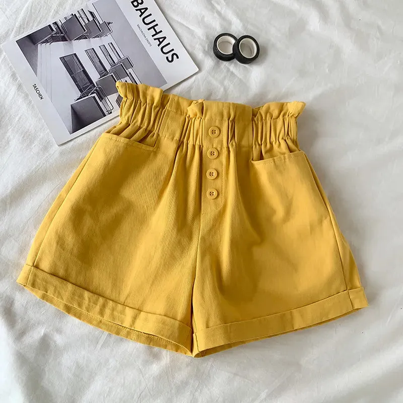 Summer Elegant High Waist Shorts Women Casual Solid Wide Leg Loose Cotton Short Pants With Belt Korean Sweet Girls