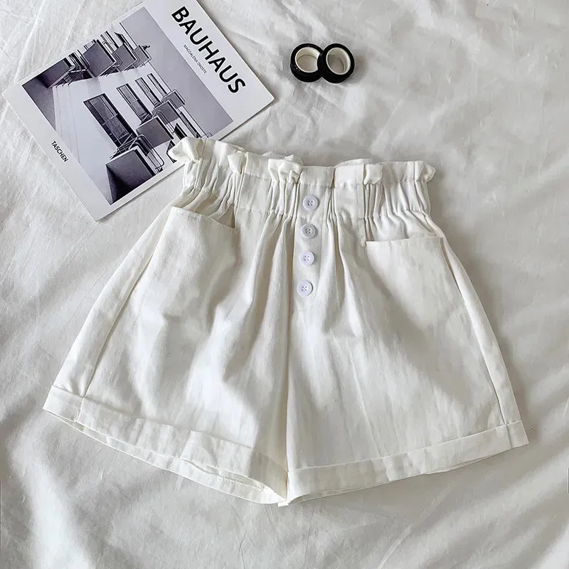 Summer Elegant High Waist Shorts Women Casual Solid Wide Leg Loose Cotton Short Pants With Belt Korean Sweet Girls