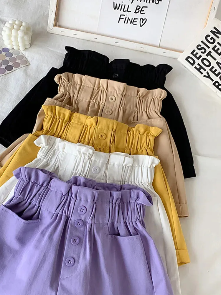Summer Elegant High Waist Shorts Women Casual Solid Wide Leg Loose Cotton Short Pants With Belt Korean Sweet Girls