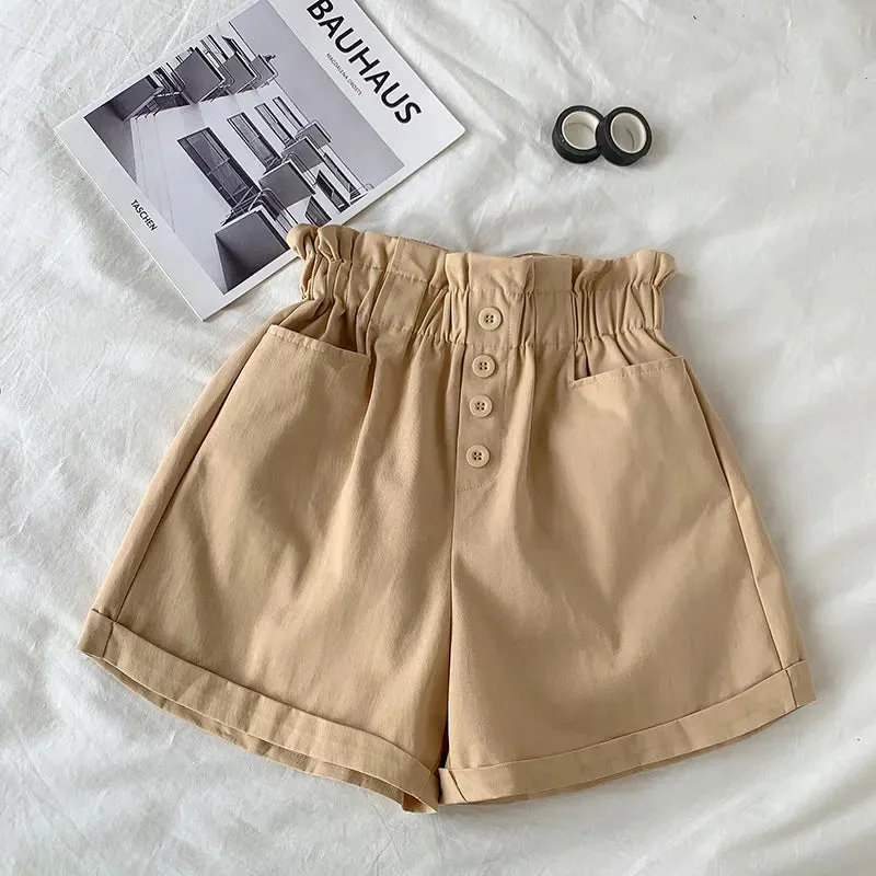 Summer Elegant High Waist Shorts Women Casual Solid Wide Leg Loose Cotton Short Pants With Belt Korean Sweet Girls