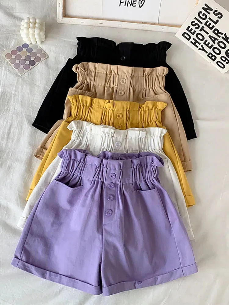 Summer Elegant High Waist Shorts Women Casual Solid Wide Leg Loose Cotton Short Pants With Belt Korean Sweet Girls