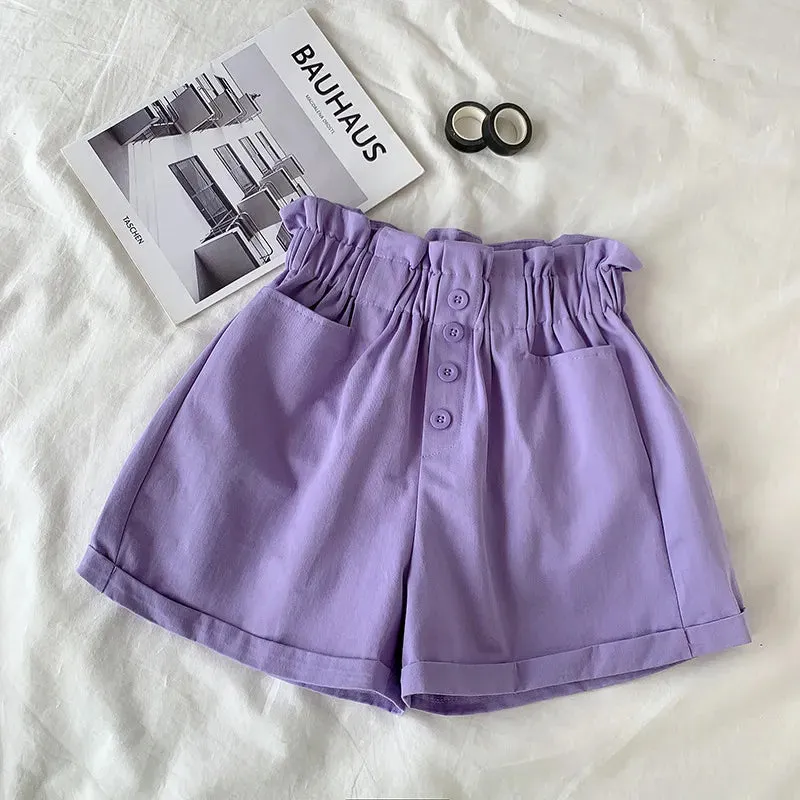 Summer Elegant High Waist Shorts Women Casual Solid Wide Leg Loose Cotton Short Pants With Belt Korean Sweet Girls