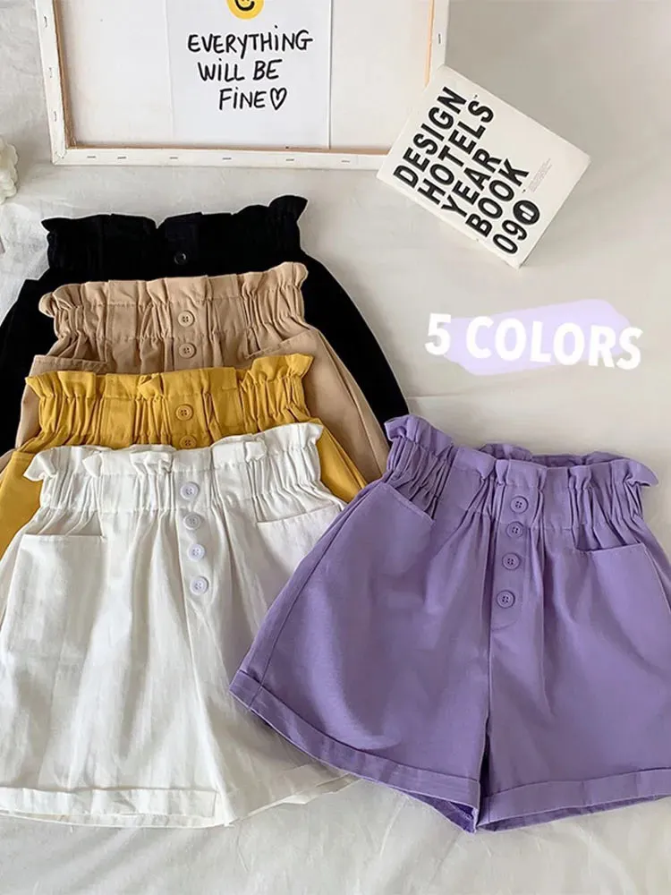 Summer Elegant High Waist Shorts Women Casual Solid Wide Leg Loose Cotton Short Pants With Belt Korean Sweet Girls