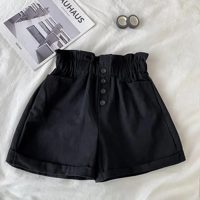 Summer Elegant High Waist Shorts Women Casual Solid Wide Leg Loose Cotton Short Pants With Belt Korean Sweet Girls