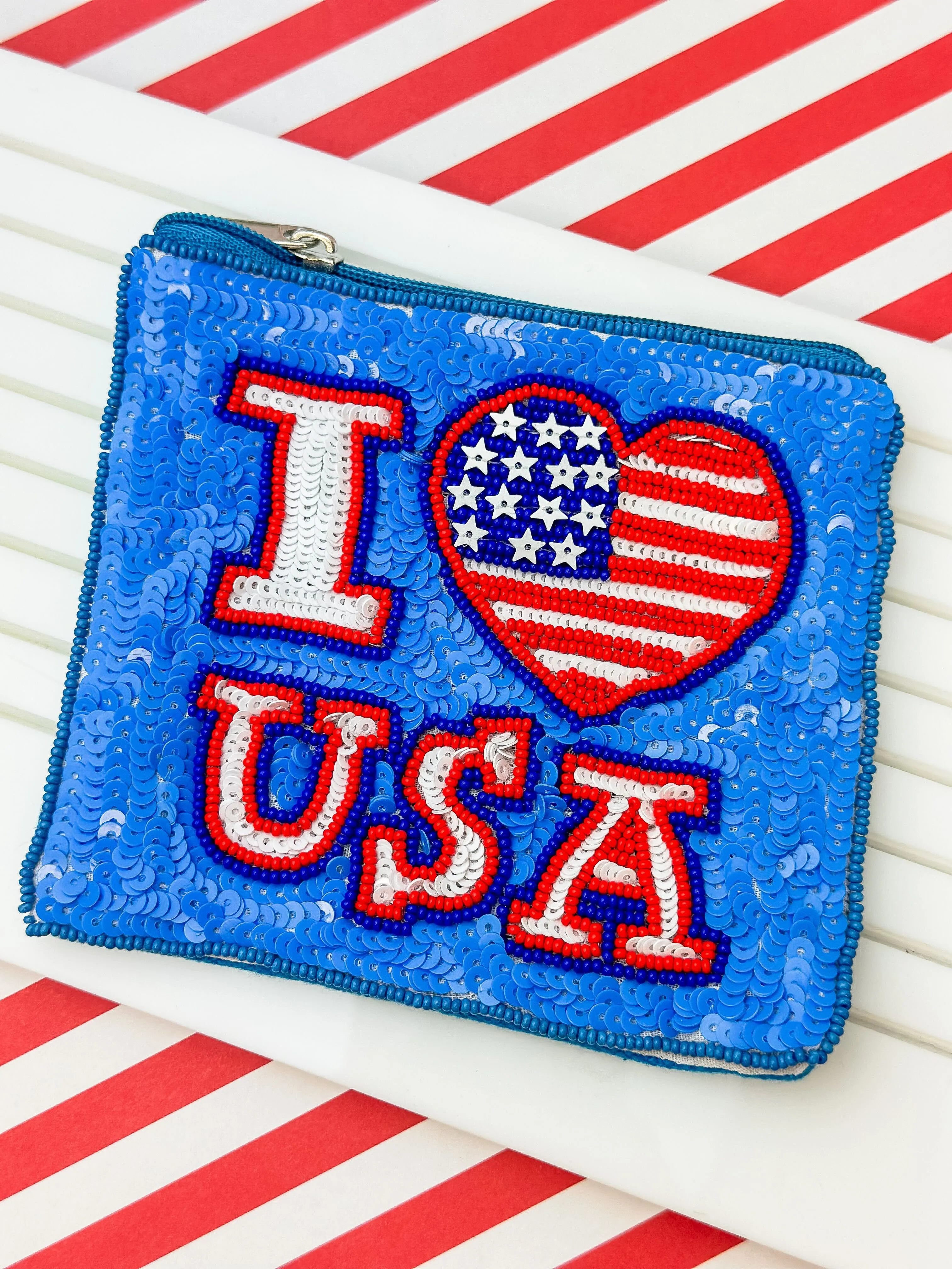 'USA' Love Beaded Zip Pouch