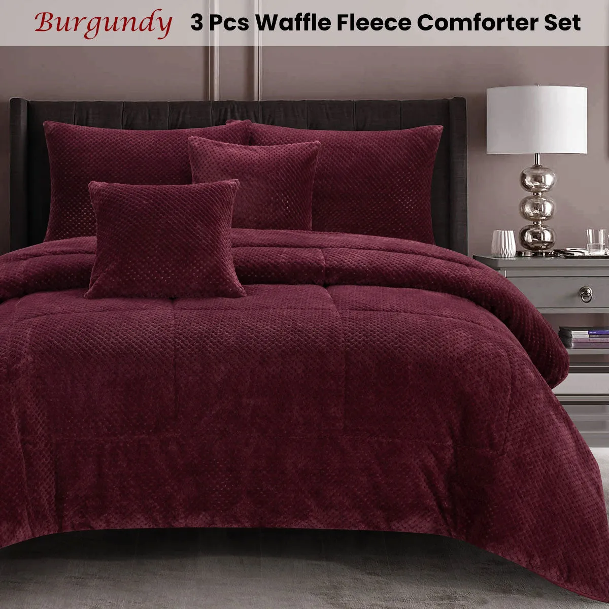 Waffle Fleece Burgundy 3 Pcs Comforter Set Double