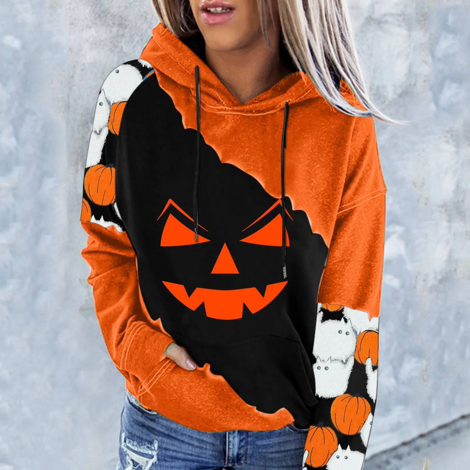 Wenkouban Halloween Hoodies Casual Sweatshirts For Womens Pumpkin Face Printing Patchwork Hoodie Halloween Fashion Long Sleeve Casual Drawstring Sweatshirts