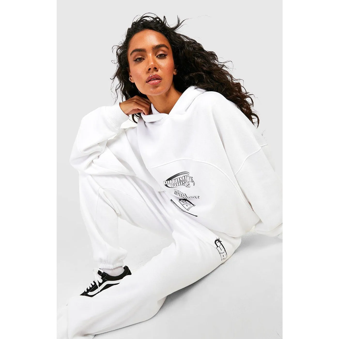 White Motocross Printed Seam Detail Oversized Hoodie