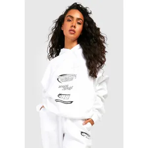 White Motocross Printed Seam Detail Oversized Hoodie